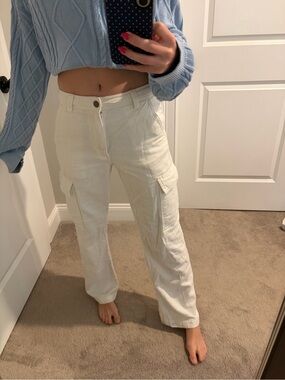 Cream Cargo Pants - High Waist Wide Leg